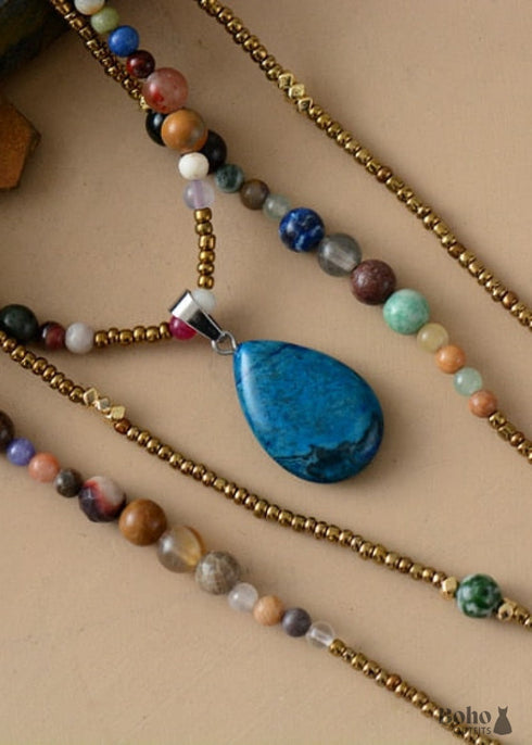 Boho Necklace, 3 Layers, White Natural Stone, Teardop Pendant